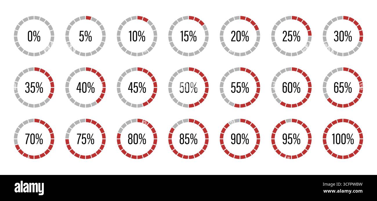 Barre di avanzamento. Modello di indicatore grafico a torta a colori rosso e grigio. Impostazione avanzamento caricamento grafico rotondo. Icone dei diagrammi circolari per le infografiche di Illustrazione Vettoriale