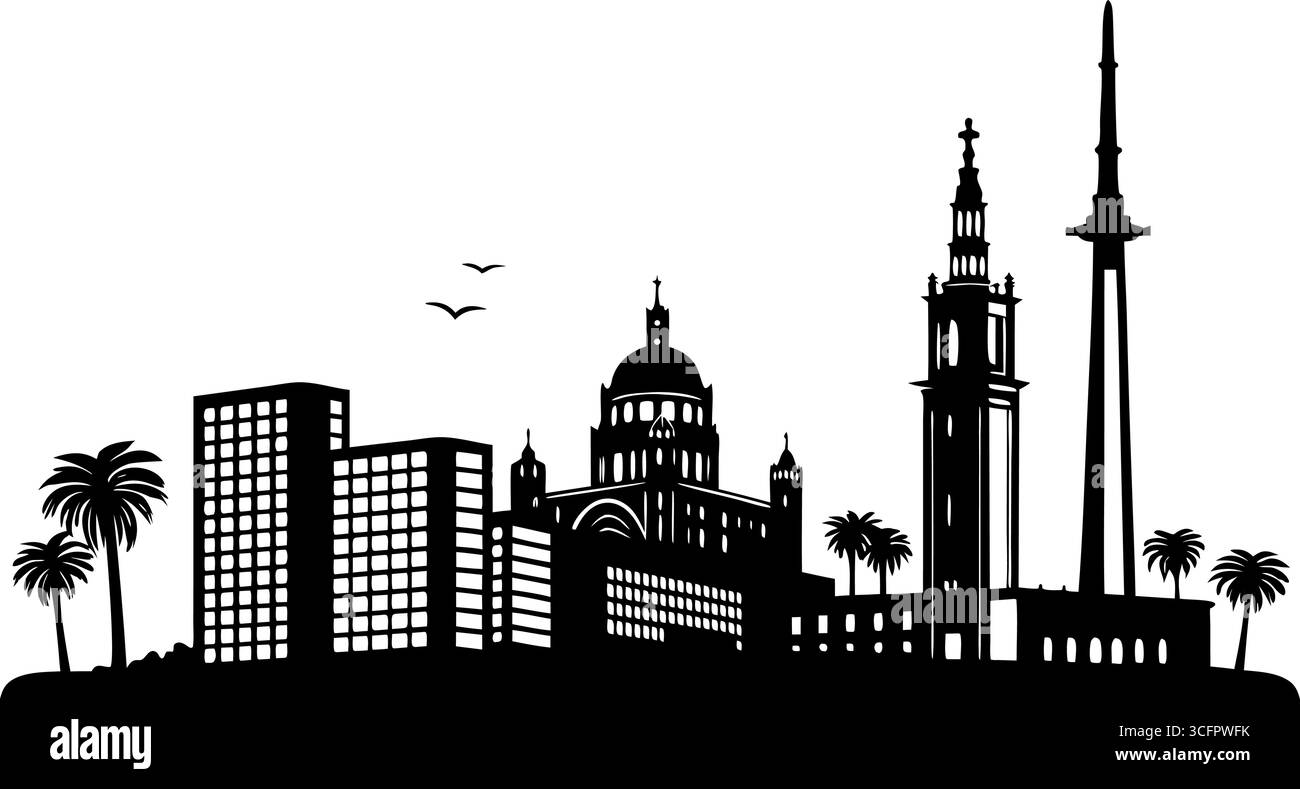 Profilo dello skyline di Jacksonville, Florida, con palme e uccelli isolati su sfondo bianco Illustrazione Vettoriale