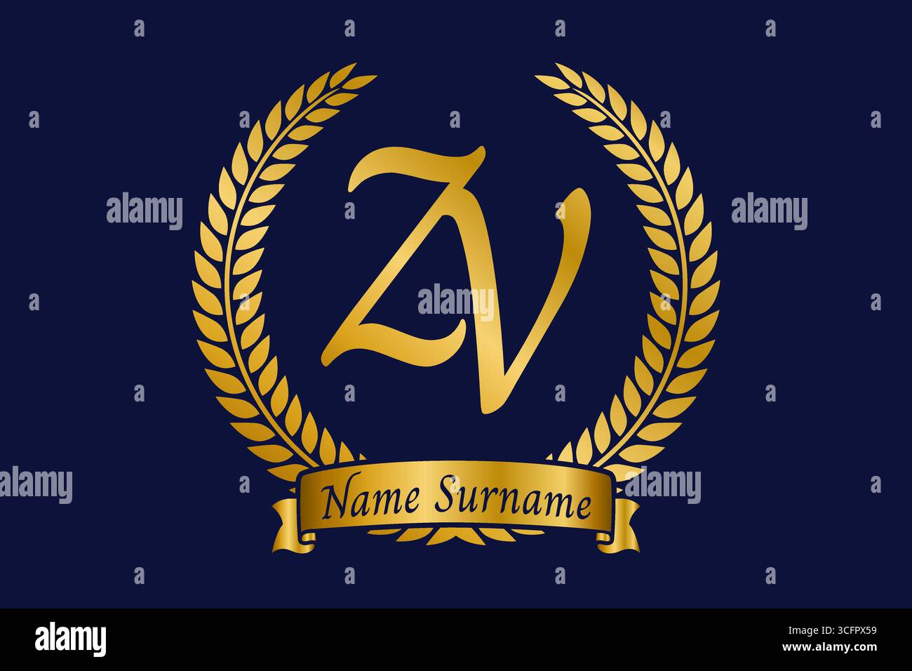 Lettera iniziale Z e V, logo monogramma ZV con corona in alloro. Emblema dorato di lusso con carattere calligrafico. Illustrazione Vettoriale
