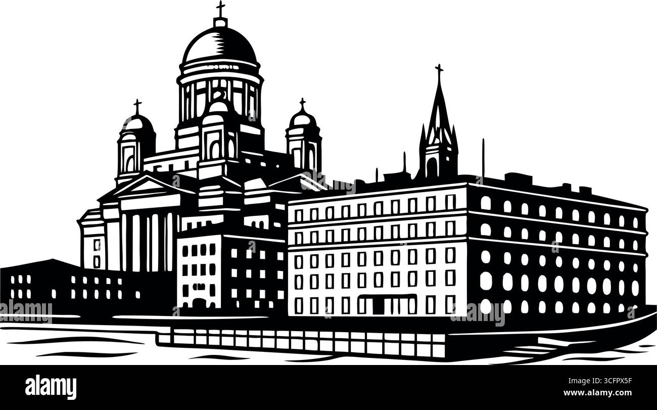 Lo skyline di Helsinki è isolato su sfondo bianco e mostra l'architettura della città e i monumenti in un'illustrazione vettoriale Illustrazione Vettoriale