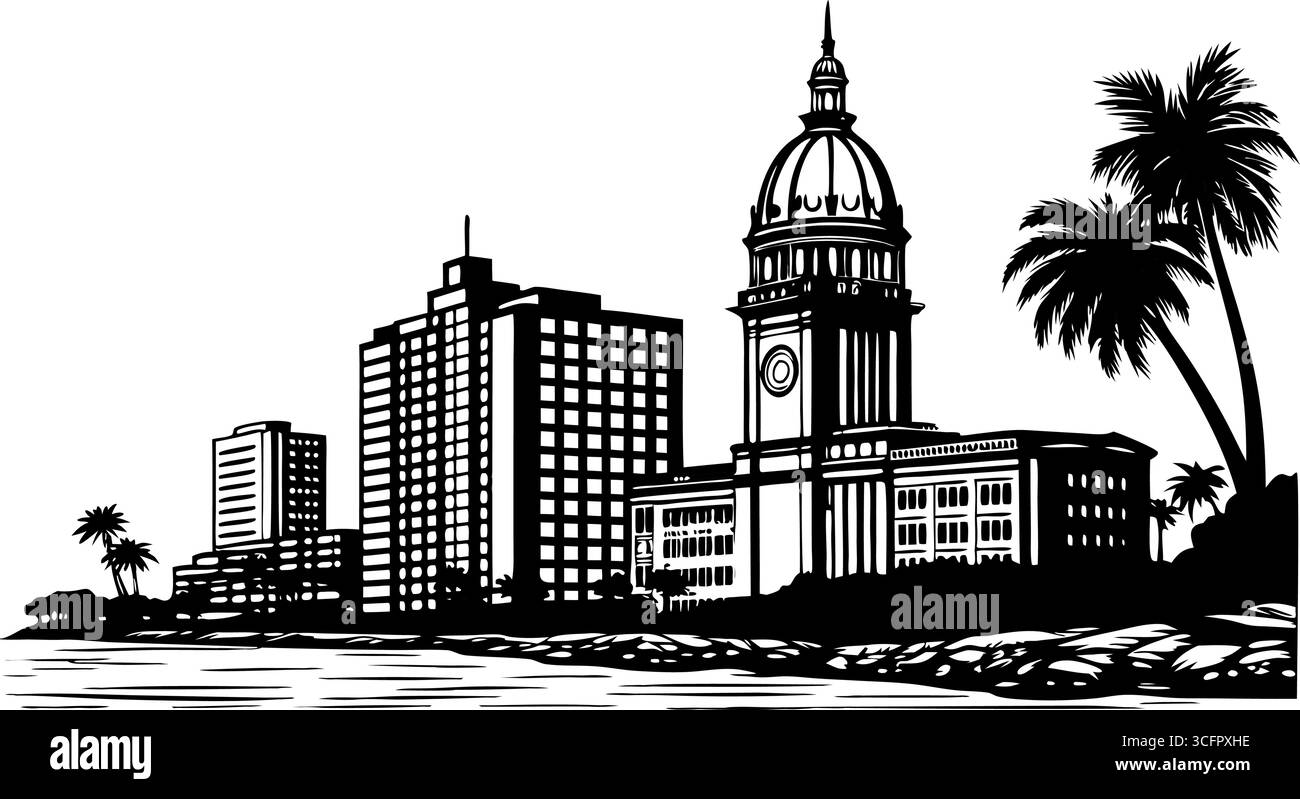 La silhouette dello skyline di miami con palme ed edifici isolati su sfondo bianco mette in mostra la città Illustrazione Vettoriale La silhouette dello skyline di miami con palme ed edifici isolati su sfondo bianco mette in mostra la città Illustrazione Vettoriale