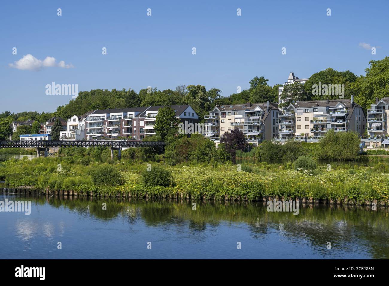 Edificio residenziale sulle rive della Ruhr, Saarn-Mendener Ruhraue, riserva naturale, Muelheim an der Ruhr, Rurgebiet, Renania settentrionale-Vestfalia, tedesco Foto Stock