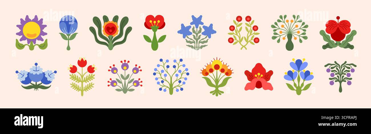 Icone dei fiori. Graziose foglie di doodle, foglie di piante floreali o ramoscelli a margherita, disegno di carte botaniche con fiori selvatici. Ornamento per la stagione estiva. Elemento logo. Botanica astratta. Set isolato in stile piatto cartoni animati vettoriali Illustrazione Vettoriale