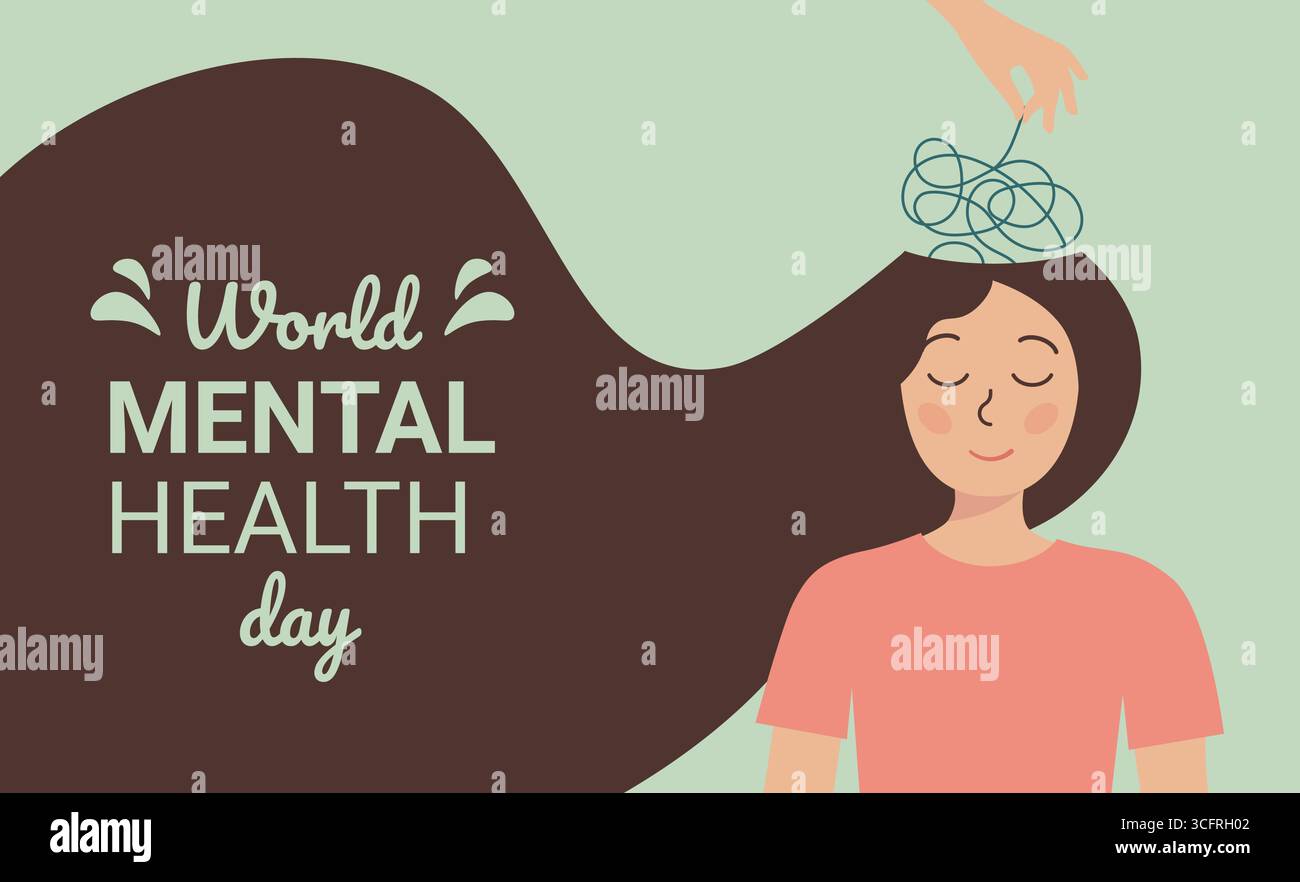 pensieri inquietanti. ritratto di una ragazza con una palla di pensieri aggrovigliata su sfondo verde. giornata mondiale della salute mentale. illustrazione vettoriale. Psicoterapia Illustrazione Vettoriale