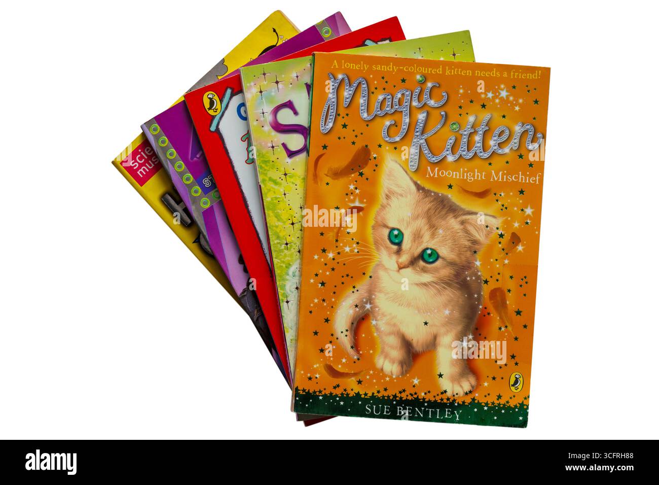 Selezione di libri cartacei per bambini con il libro Magic Kitten Moonlight Mischief di sue Bentley isolato su sfondo bianco Foto Stock