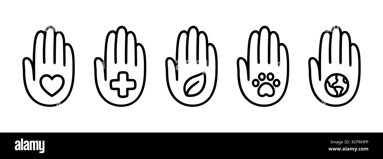 Icona della mano con diversi simboli per beneficenza e volontariato, elementi di design del logo. Medico, benessere degli animali, sociale, natura. Serie di illustrazioni vettoriali. Illustrazione Vettoriale