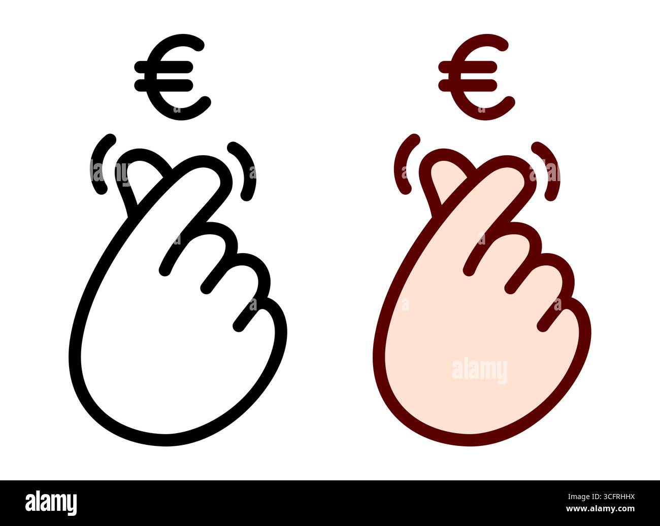 Carino carino cartoni animati che fanno il gesto dei soldi italiani, sfregando le dita. Icona della linea in bianco e nero e disegno a colori. Semplice illustrazione grafica a clip vettoriale. Illustrazione Vettoriale