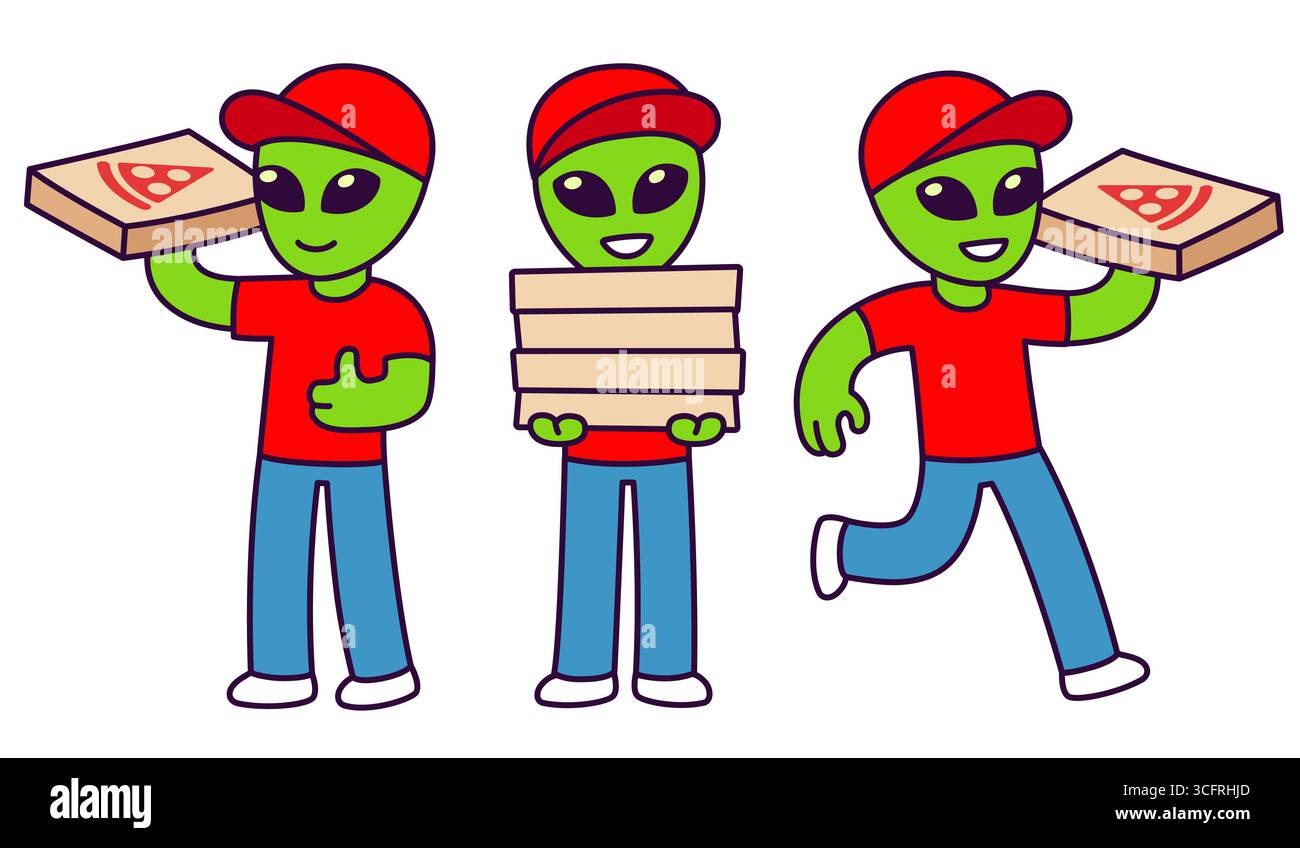 Simpatico set illustrativo per la persona che consegna pizza aliena. Carino disegno vettoriale dei cartoni animati. Illustrazione Vettoriale