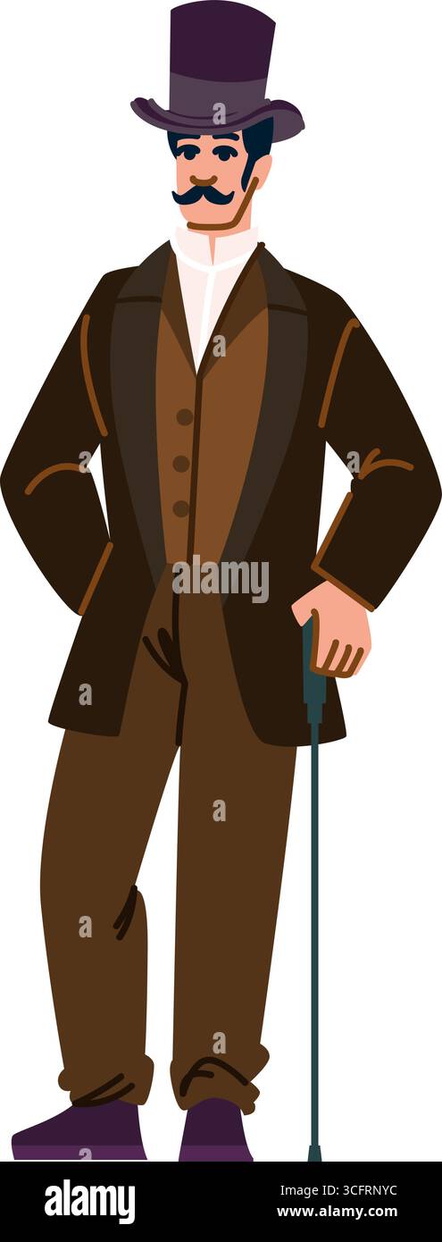 Elegante gentiluomo che indossa il cappello e tiene in mano il bastone in posa in stile vittoriano Illustrazione Vettoriale