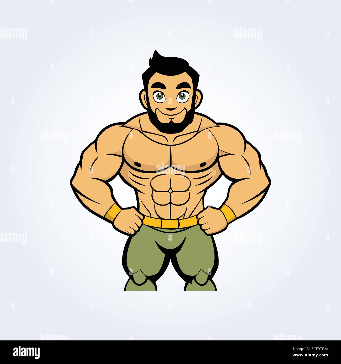 Un personaggio dei cartoni animati che raffigura un bodybuilder in posa e pantaloni verdi Illustrazione Vettoriale