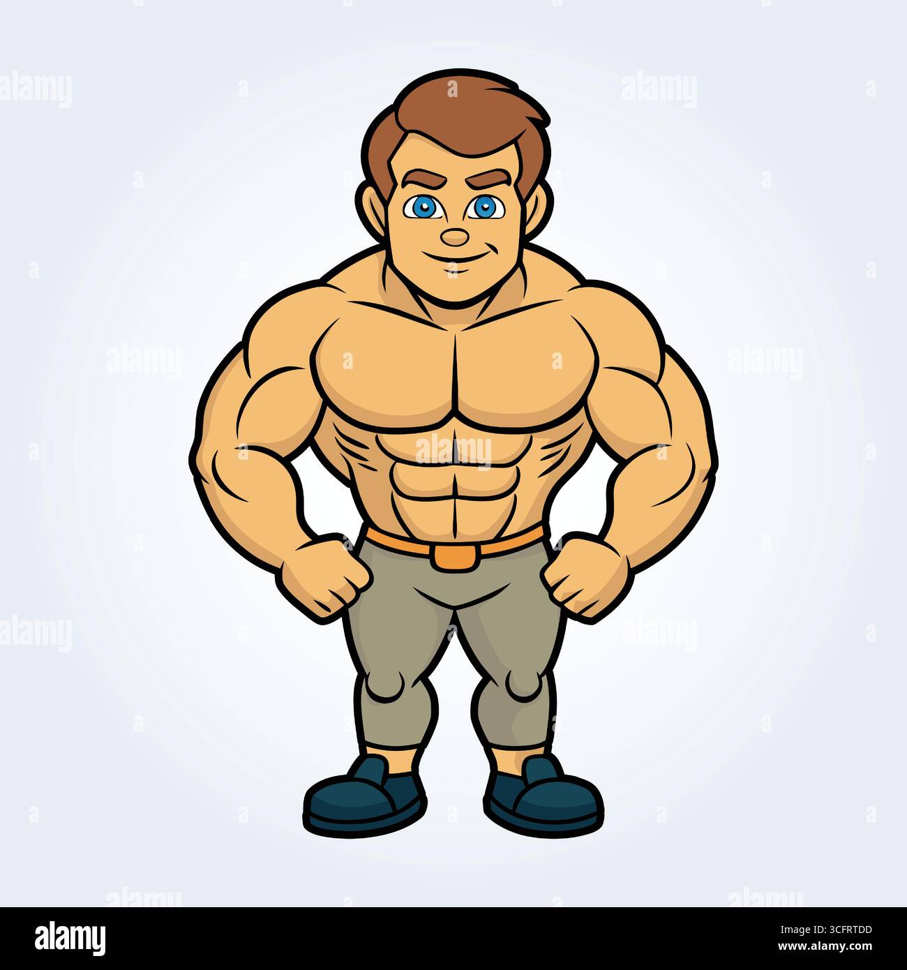 Un personaggio dei cartoni animati che raffigura un bodybuilder in posa e pantaloni grigi Illustrazione Vettoriale