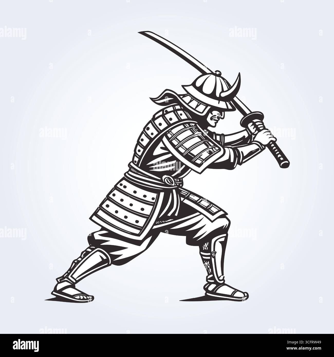 un'illustrazione del personaggio di un guerriero samurai con una katana in arte in bianco e nero, in posa combattente Illustrazione Vettoriale