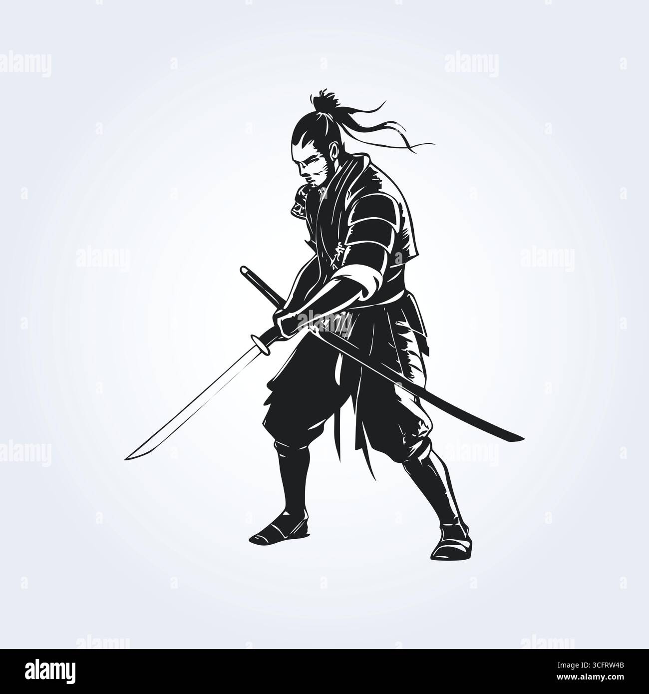 un personaggio piatto che raffigura un combattente samurai con una katana e capelli lunghi Illustrazione Vettoriale