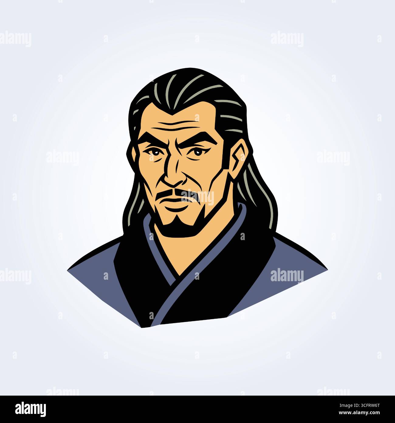 Un'illustrazione del personaggio di un samurai con un abito blu con capelli lunghi e un volto serio Illustrazione Vettoriale