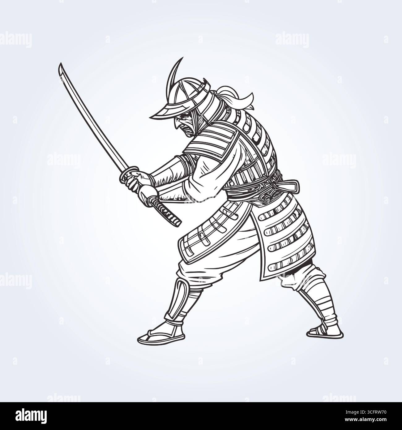 un'illustrazione del personaggio di un guerriero samurai con una katana in arte in bianco e nero, combattendo Illustrazione Vettoriale