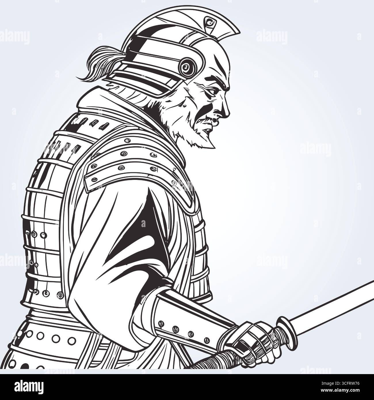 un'illustrazione del personaggio di un capo guerriero samurai con una katana nell'arte in bianco e nero Illustrazione Vettoriale