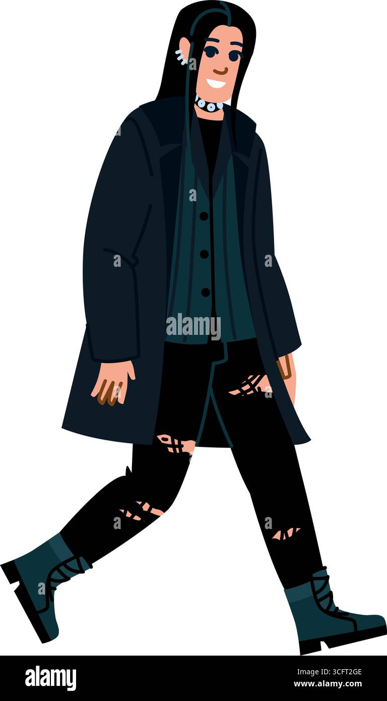 Giovane gotico che cammina indossando abiti scuri e stivali Illustrazione Vettoriale