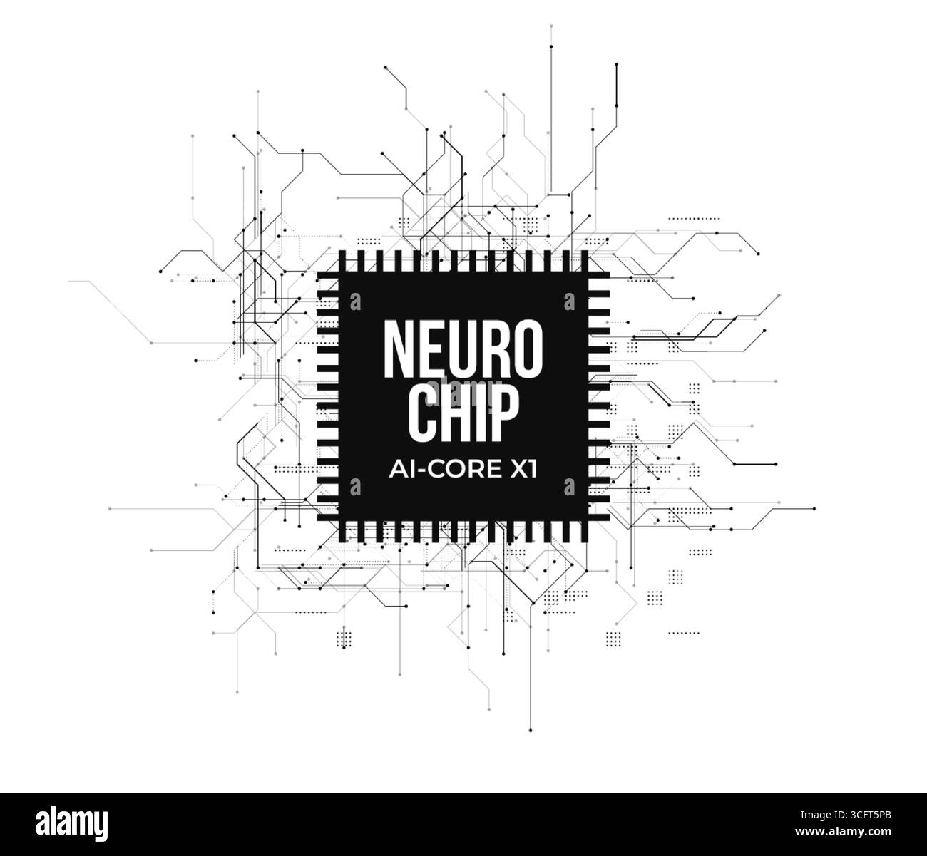 Futuristico logo di microchip ai che simula l'interfaccia cervello-computer. Neurotecnologia avanzata, trasferimento dati, cognitive computing per biotecnologie, robotica Illustrazione Vettoriale