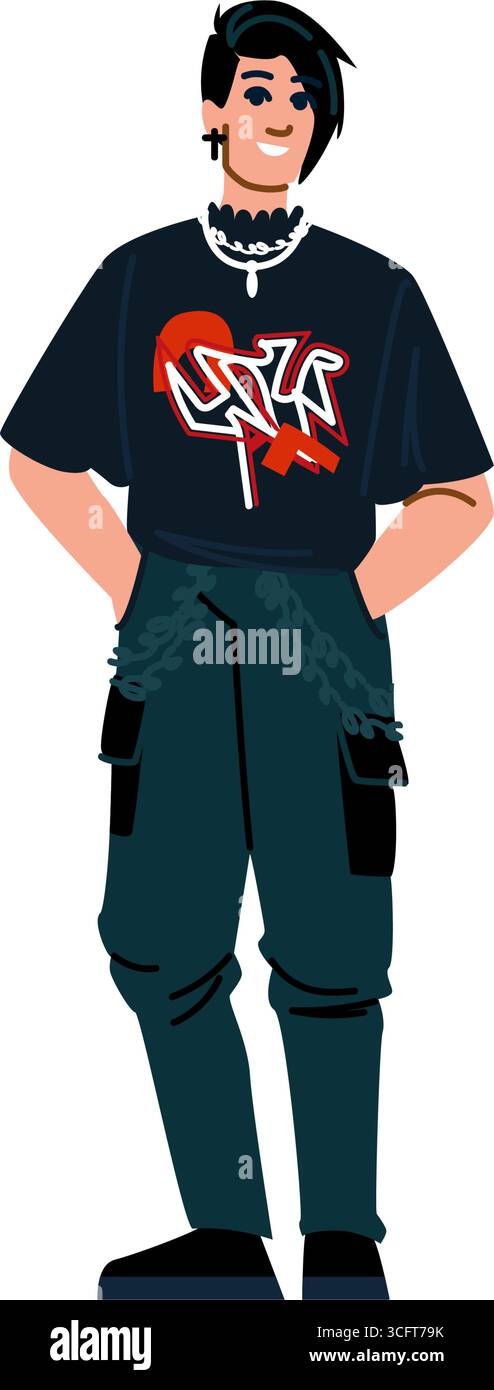 Emo teenager in posa con le mani in tasche e catene Illustrazione Vettoriale