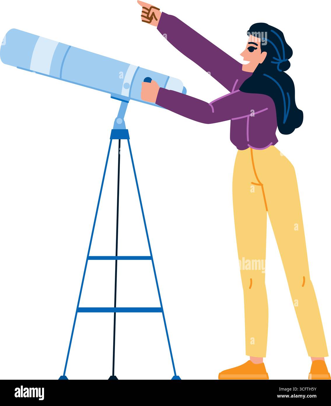 Astronomo che guarda attraverso il telescopio e punta verso il cielo stellato Illustrazione Vettoriale