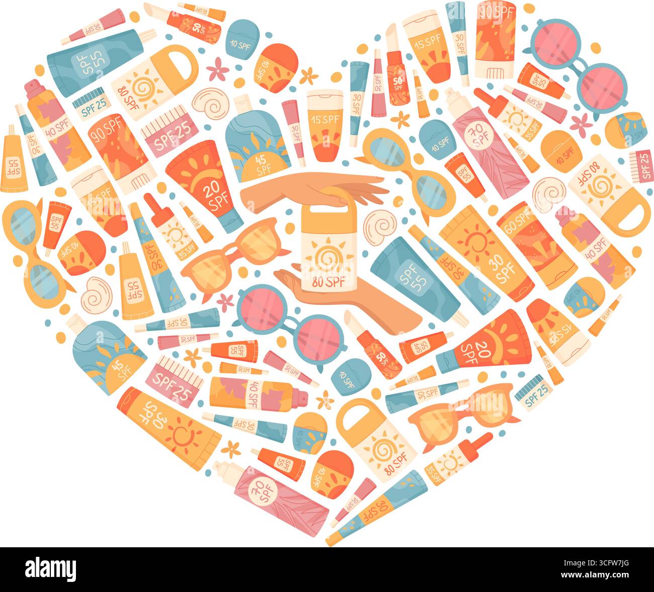 Concetto di set di protezione solare Cartoon Heart Illustrazione Vettoriale