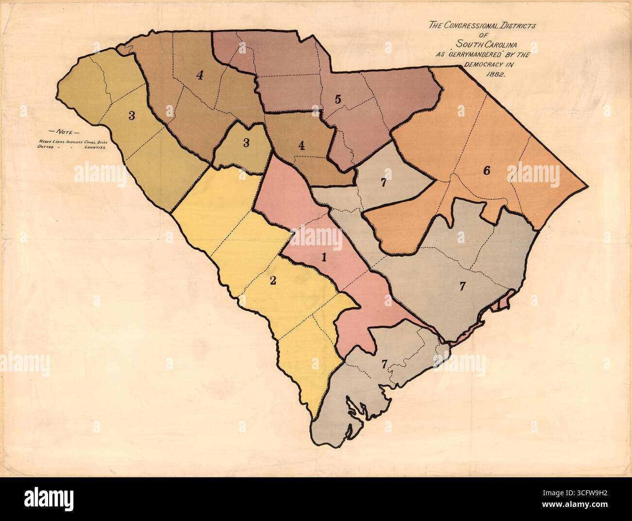 I distretti del Congresso della Carolina del Sud come "Gerrymandered" dalla democrazia nel 1882. Archiviare la mappa elettorale americana. Foto Stock