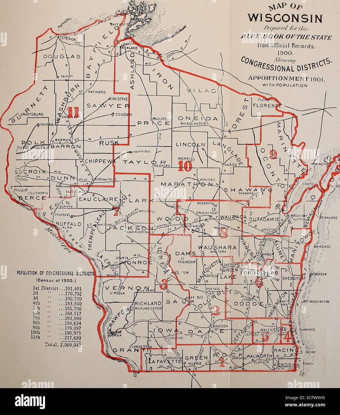 Mappa del Wisconsin 1900, che mostra la ripartizione dei distretti del Congresso 1901, con popolazione Foto Stock