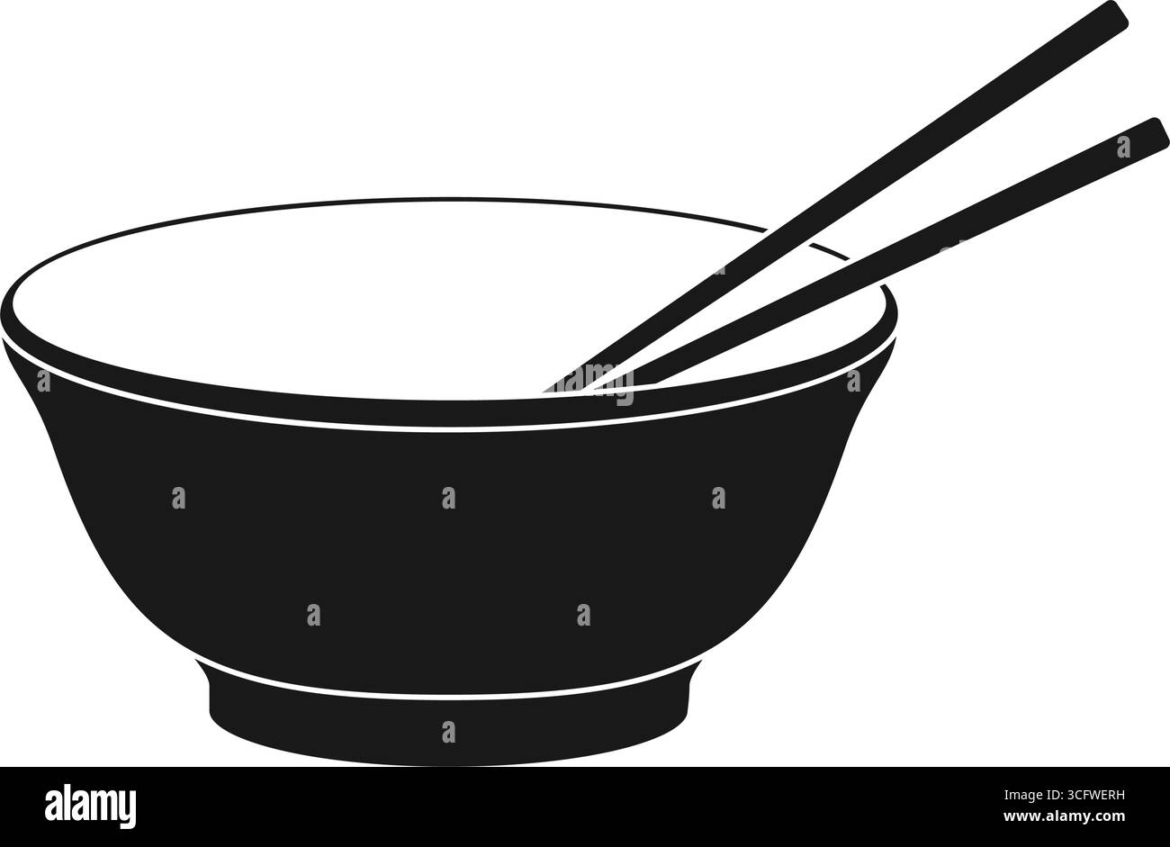 Una ciotola vuota per riso o spaghetti neri con la silhouette vettoriale delle bacchette Illustrazione Vettoriale