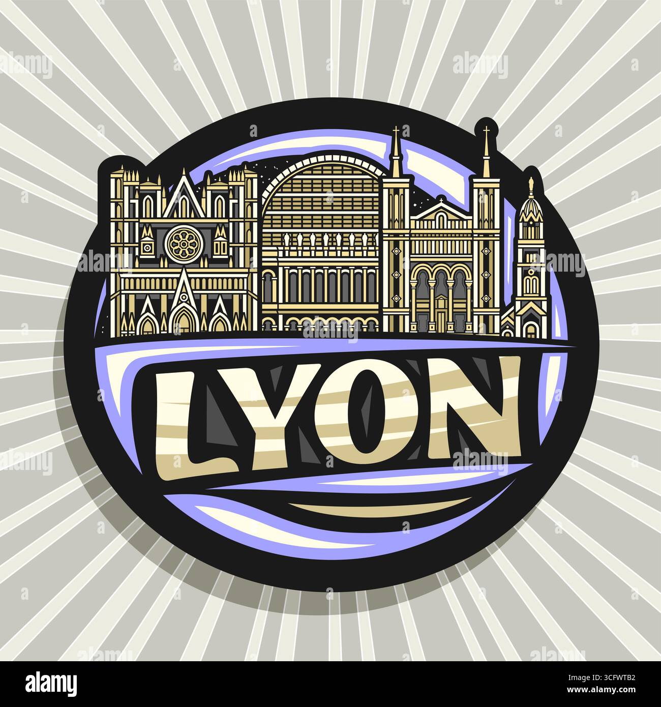 Logo Vector per Lione, etichetta decorativa nera con illustrazione dettagliata del famoso paesaggio cittadino di lione sullo sfondo del cielo notturno, frigorifero art design m. Illustrazione Vettoriale