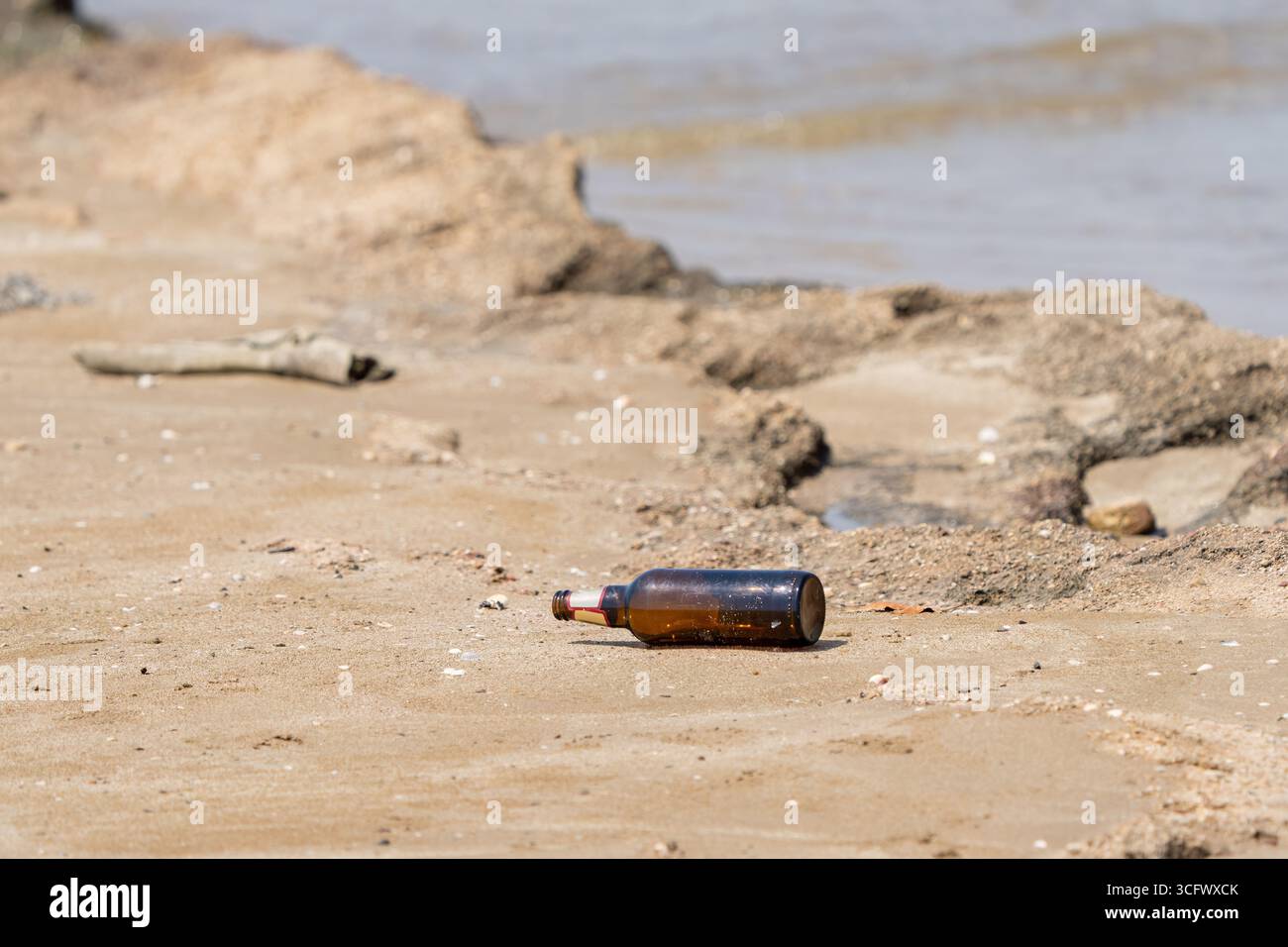 Una bottiglia di birra gettata sulla spiaggia, inquinamento ambientale. Foto Stock