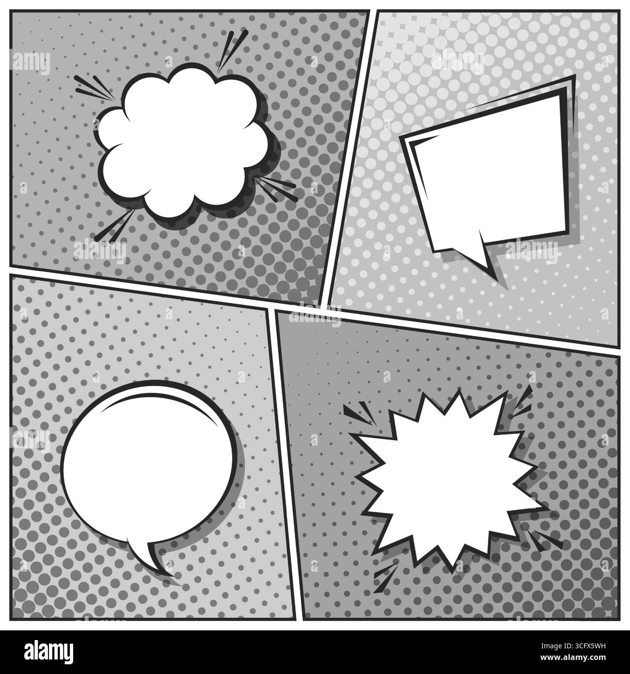 Sfondo fumettistico dei cartoni animati. Bolla del discorso. Poster in bianco e nero del libro di fumetti con elementi mezzitoni. Stile Pop Art retrò. Illustrazione vettoriale Illustrazione Vettoriale