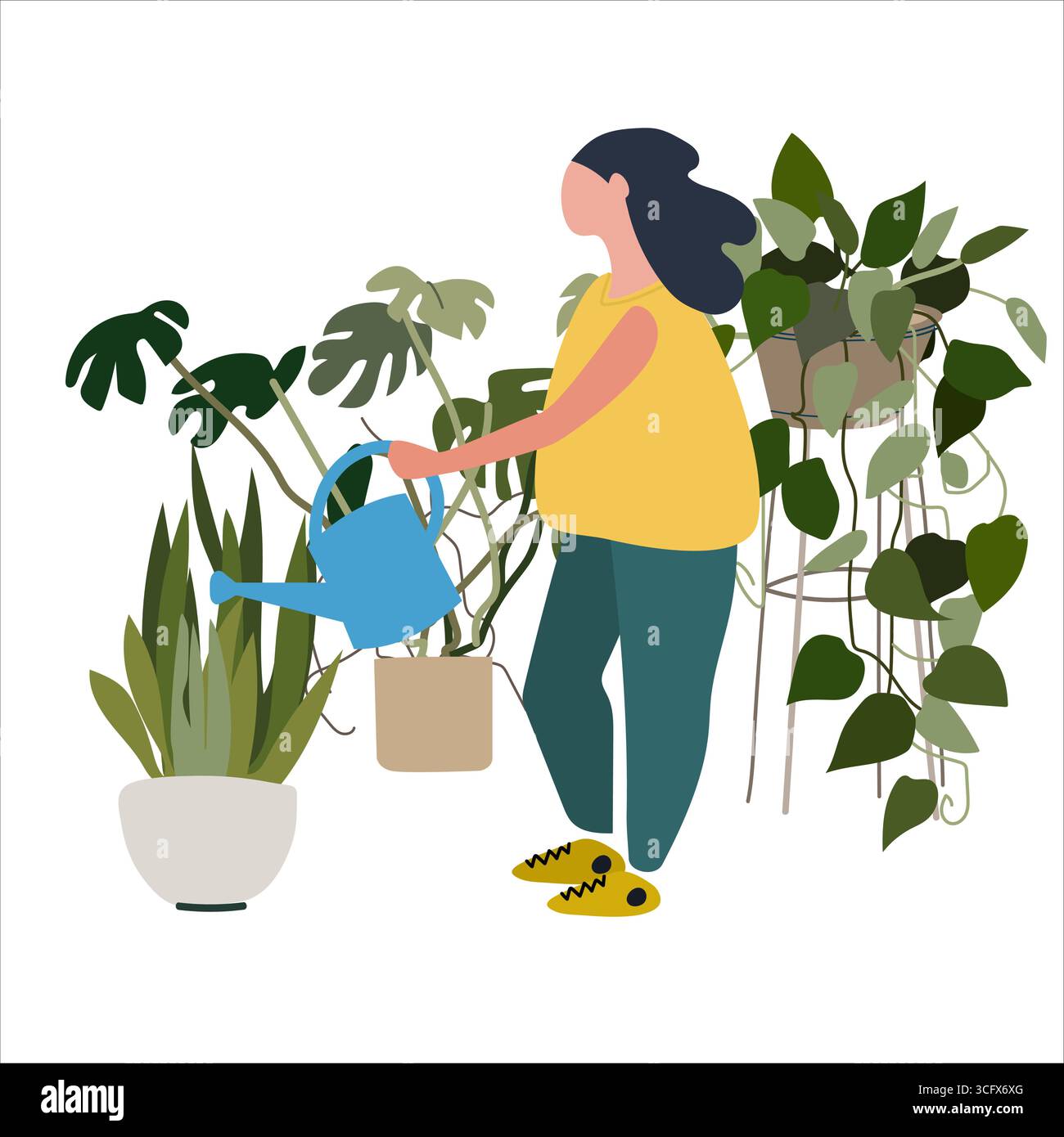 Giovane donna che abbeverava le piante della casa. Illustrazione vettoriale in stile piatto Illustrazione Vettoriale