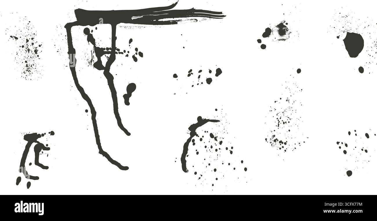 Set di spruzzi di vernice. Elementi disegnati a mano a spruzzo d'inchiostro isolati su sfondo bianco. Spruzzi di spazzola grunge. Pacchetto scarabocchi per strade urbane. Illustrazione Vettoriale