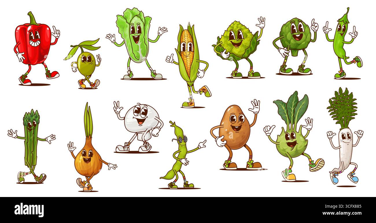 Personaggi di verdure e fagioli cartoni animati, cibo vegetariano hippie carino. Personaggi vettoriali psichedelici di cipolla, pepe, ravanello, olive e funghi. Buffi mais, asparagi e verdure di cavolo Illustrazione Vettoriale