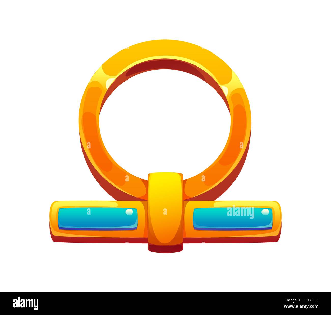 Risorsa icona del gioco dell'antico Egitto, tesoro egiziano d'epoca. Simbolo ankh dorato vettoriale cartoni animati lucido con inserti blu. elemento decorativo storico, mistico o antichissimo, gioielleria o reliquia Illustrazione Vettoriale