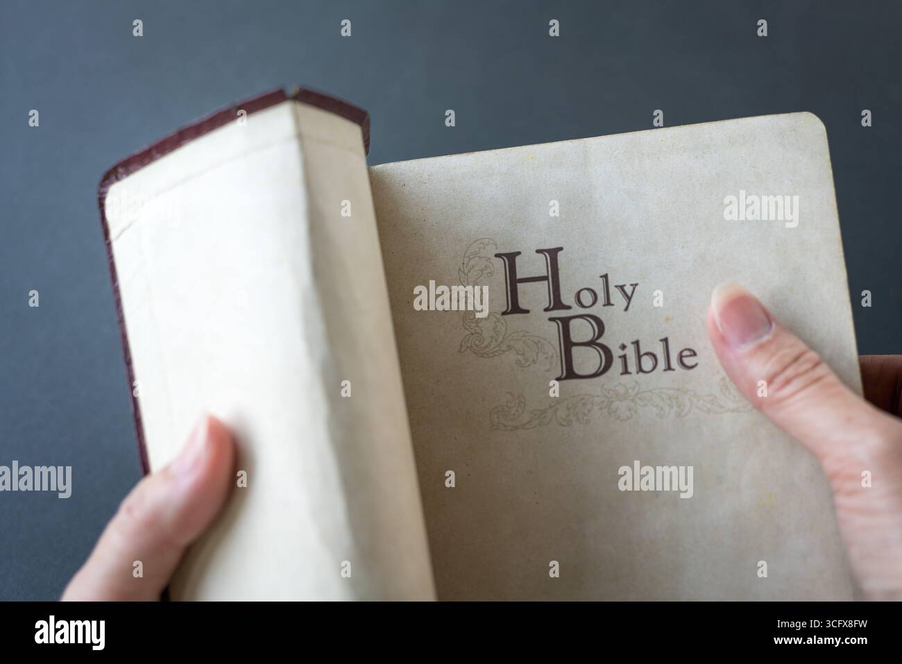 Aprendo una vecchia Sacra Bibbia usata. Vista chiusa. Foto Stock
