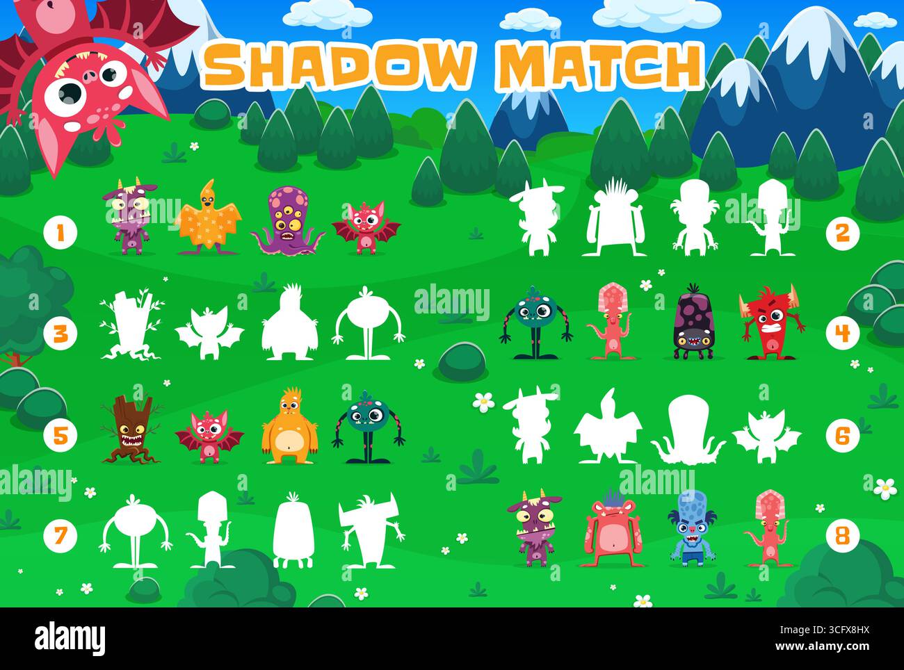 Foglio di lavoro del gioco Shadow Match con simpatici personaggi mostri. Puzzle per bambini con cartoni animati, enigmi educativi e di intrattenimento con creature divertenti e le loro sagome uniche sul paesaggio del mondo fantastico Illustrazione Vettoriale