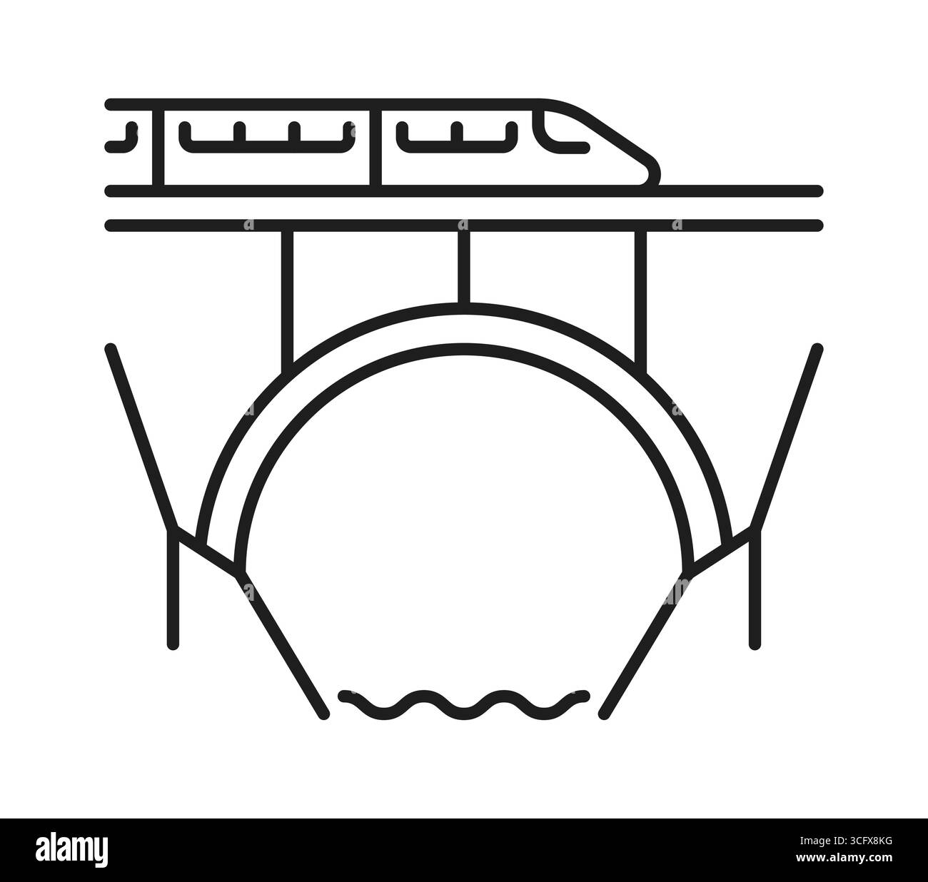 Icona ferroviaria e ferroviaria del treno o della metropolitana sul ponte, pittogramma della linea vettoriale. Ferrovia e ferrovia simbolo della strada ponte per metropolitana, tram o treni interurbani e ferroviari Illustrazione Vettoriale