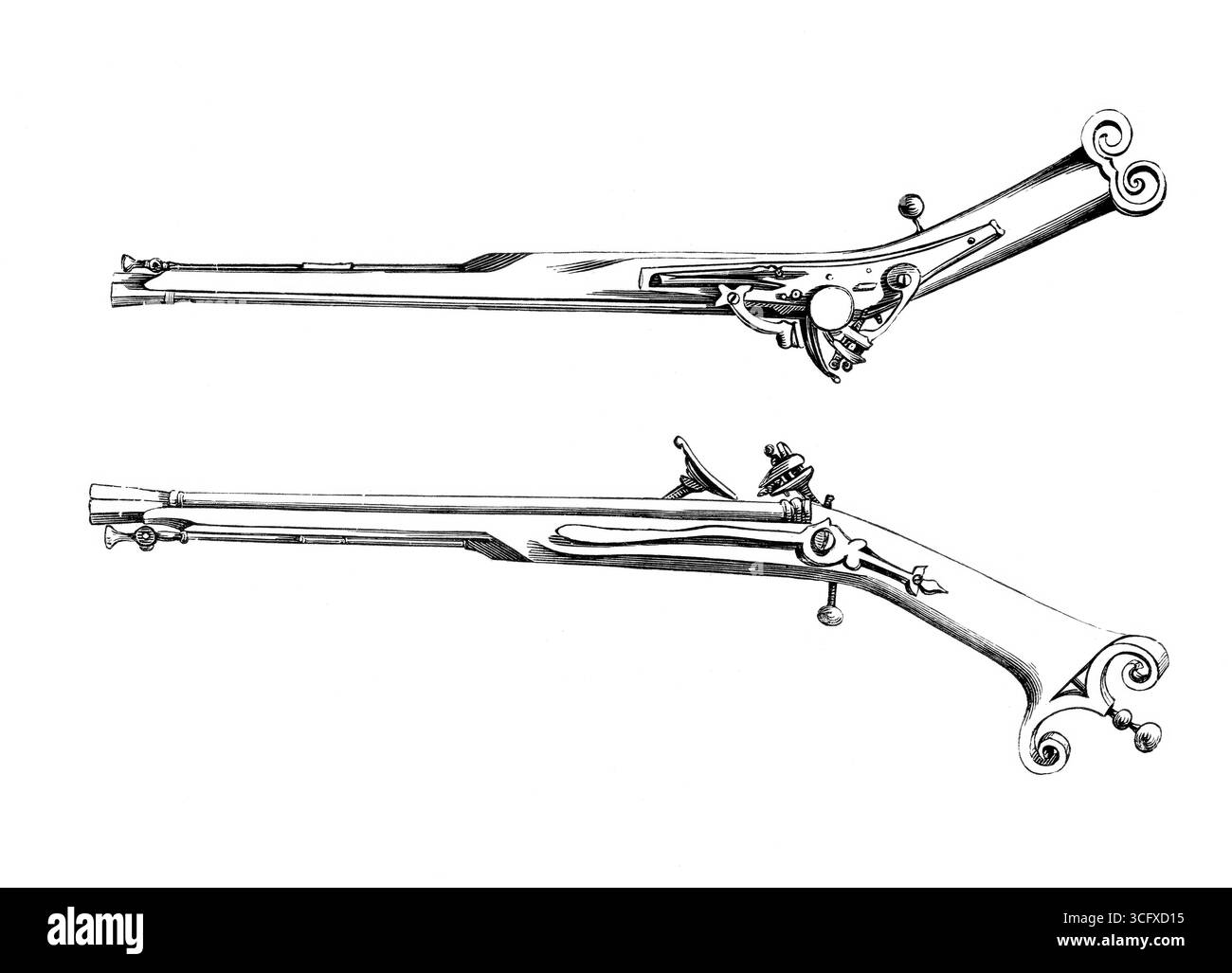 Pistola Snaphance Highland, con materiale di ferro molto dritto, circa 1630. Una lanugine o snaphaunce è un tipo di lucchetto da fuoco in cui una selce colpita contro un piatto d'urto sopra una pentola d'acciaio accende il primer che mette in movimento l'arma. Dal libro The British Army, 1868. Riproduzione storica restaurata digitalmente da un originale del XIX secolo. Data di registrazione non indicata. Foto Stock