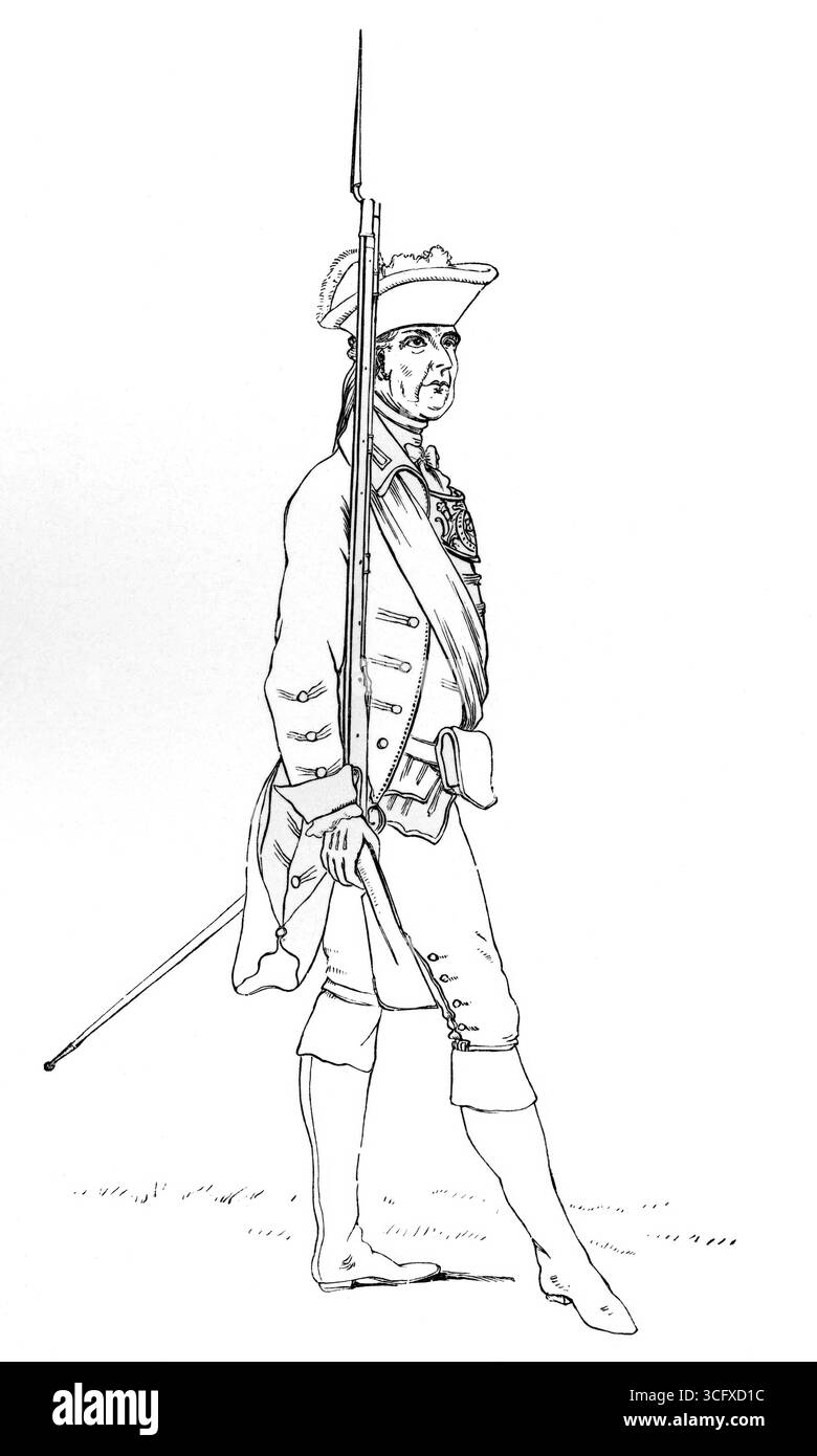 Ufficiale della milizia del Norfolk con fusilier, moschetto a pietra focaia e gorget, Cloth bound, 1759 d.C. dal libro The British Army, 1868, riproduzione storica, restaurata digitalmente da un originale del XIX secolo, data di registrazione non dichiarata Foto Stock