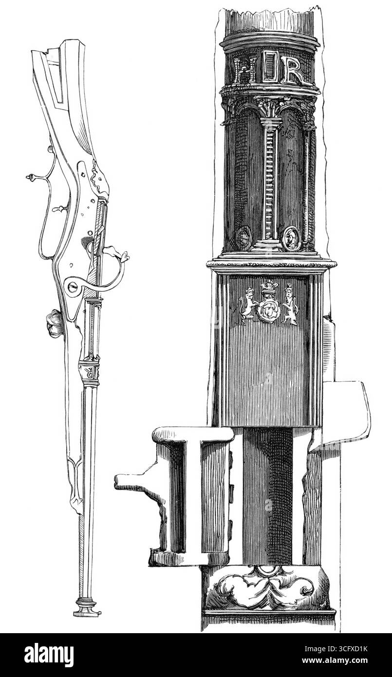 Un harquebus a caricamento a poppa, una pistola a gancio o un archibugio, con una camera a cartuccia mobile del 1537, dal libro The British Army, 1868, riproduzione storica, restaurata digitalmente da un originale del XIX secolo, data record non dichiarata Foto Stock