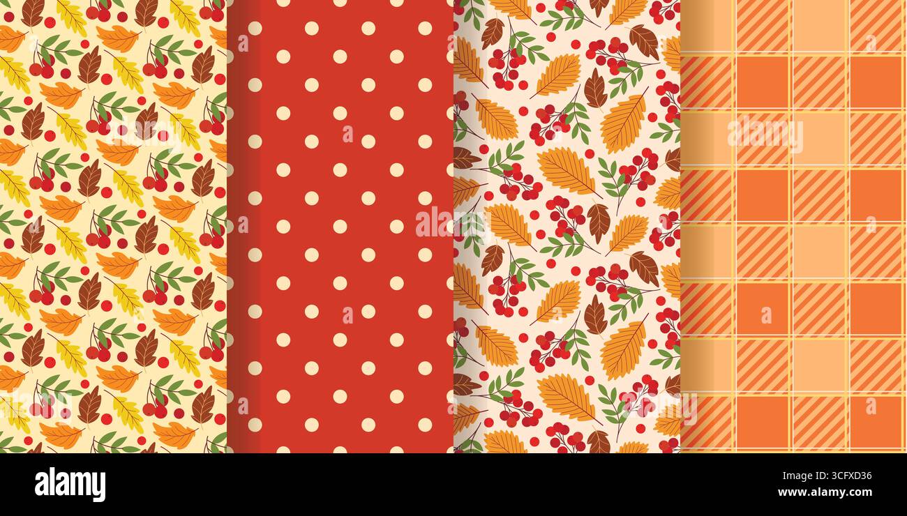 Set di sfondi autunnali con foglie, frutti di bosco, scaglie e punteggiati. Fantasia senza cuciture per l'autunno della stagione. Stampe autunnali accoglienti, grafica vettoriale Illustrazione Vettoriale