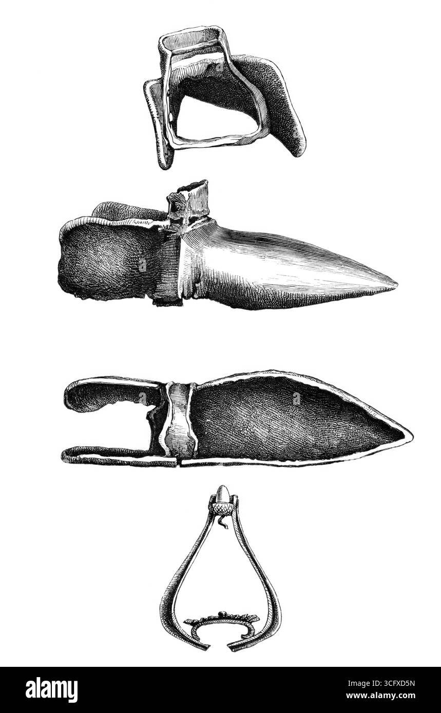 Stirrup e ferro da stiro, anche soleret, ferro da stiro, Bärlatsch, XIV secolo, dal libro The British Army, 1868, Historical, digitalmente restaurata riproduzione da un originale del XIX secolo, record date not stated Foto Stock