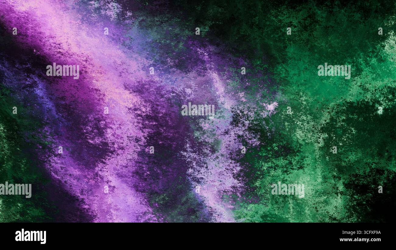 Design astratto con colori vivaci viola e verdi, su sfondo nero. Risorse di progettazione per poster e web design. Foto Stock