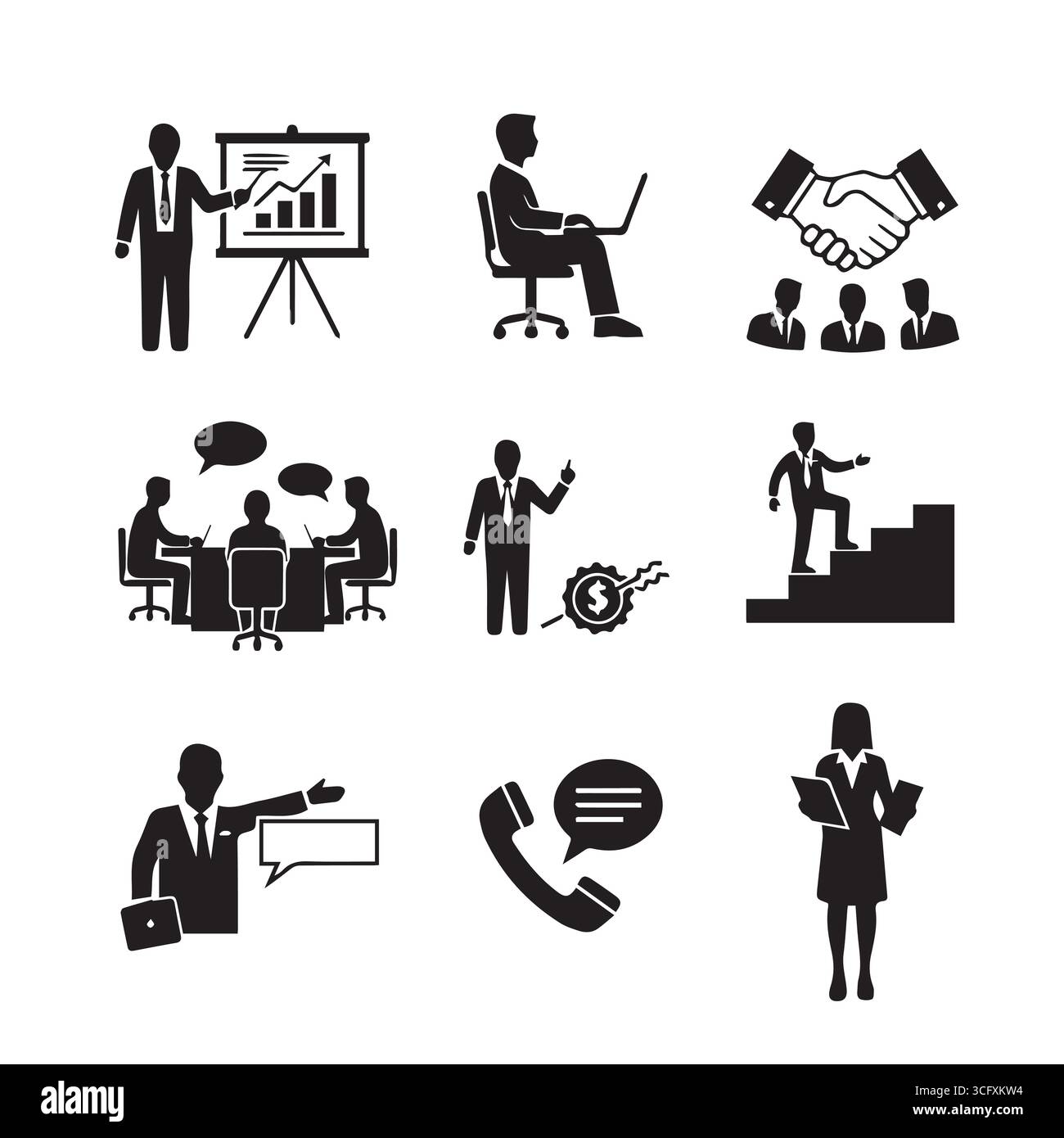 Insieme di persone aziendali nere icone del lavoro di squadra, della leadership, della comunicazione, della pianificazione e della crescita Illustrazione Vettoriale