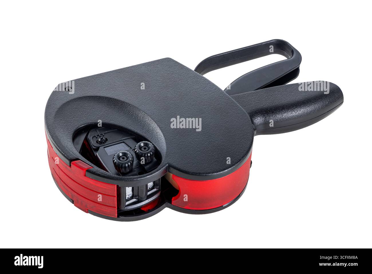 Pistola per etichette a prezzi portatile con design rosso e nero per uso al dettaglio isolato su bianco Foto Stock Pistola per etichette a prezzi portatile con design rosso e nero per uso al dettaglio isolato su bianco Foto Stock
