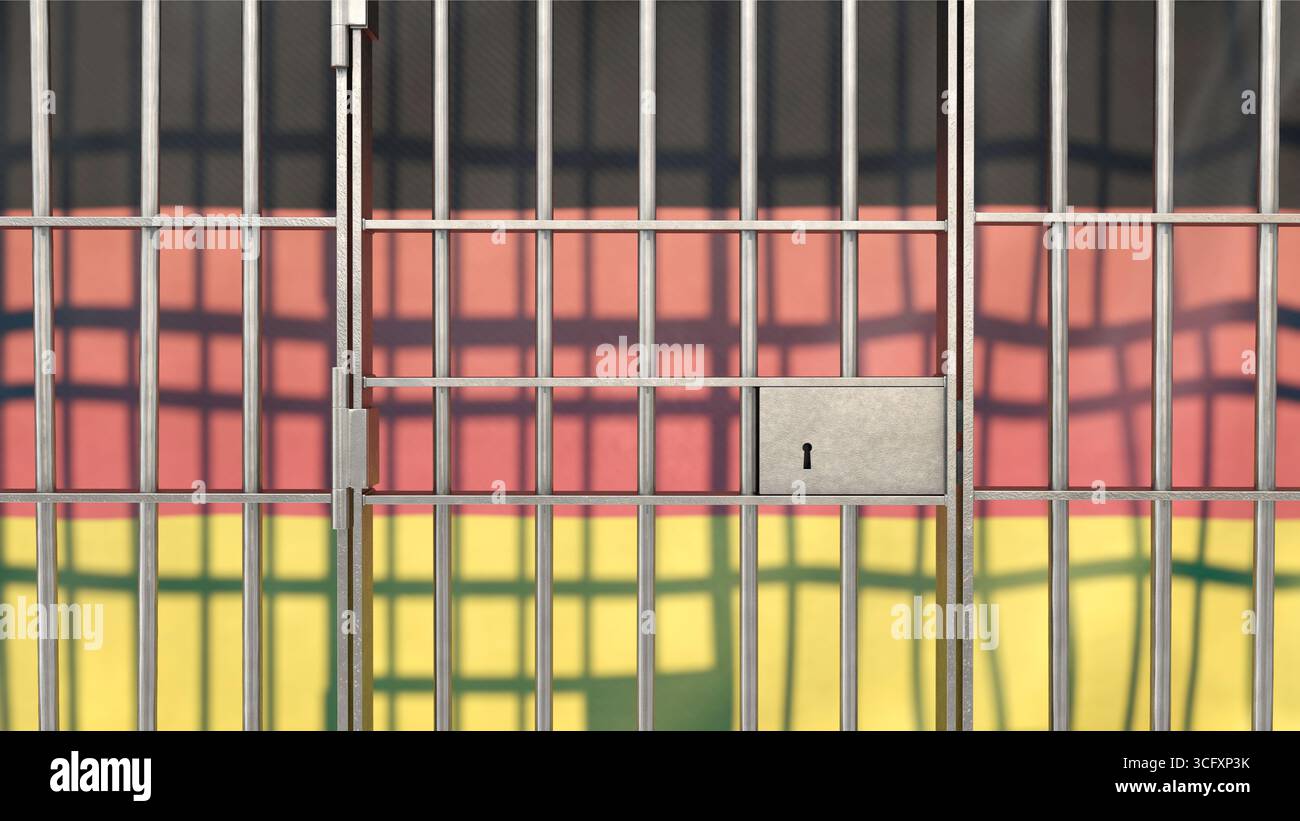 Sbarre della prigione con bandiera tedesca sullo sfondo Foto Stock