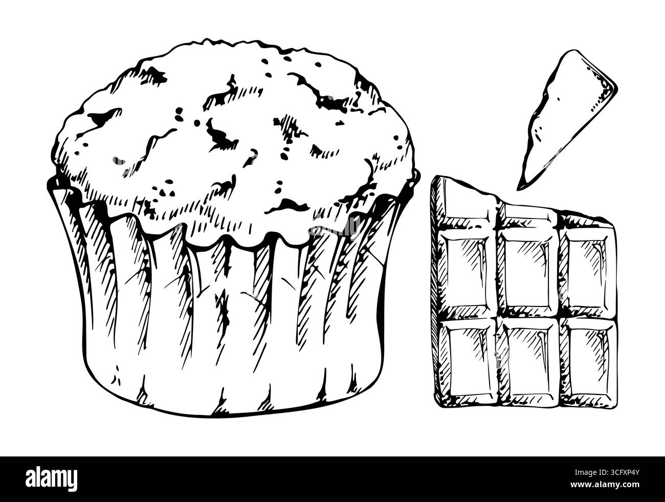Tortino per muffin fatto in casa con inchiostro vettoriale in carta arricciata con frammenti di barretta di cioccolato rotti, gocce di cacao. Illustrazione isolata disegnata a mano per Illustrazione Vettoriale