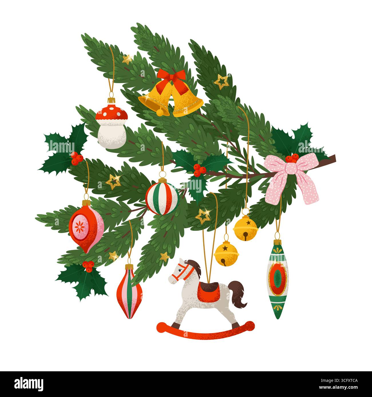 Filiale natalizia con ornamenti vintage, stelle e bacche. Illustrazione vettoriale in stile retrò alla moda Illustrazione Vettoriale