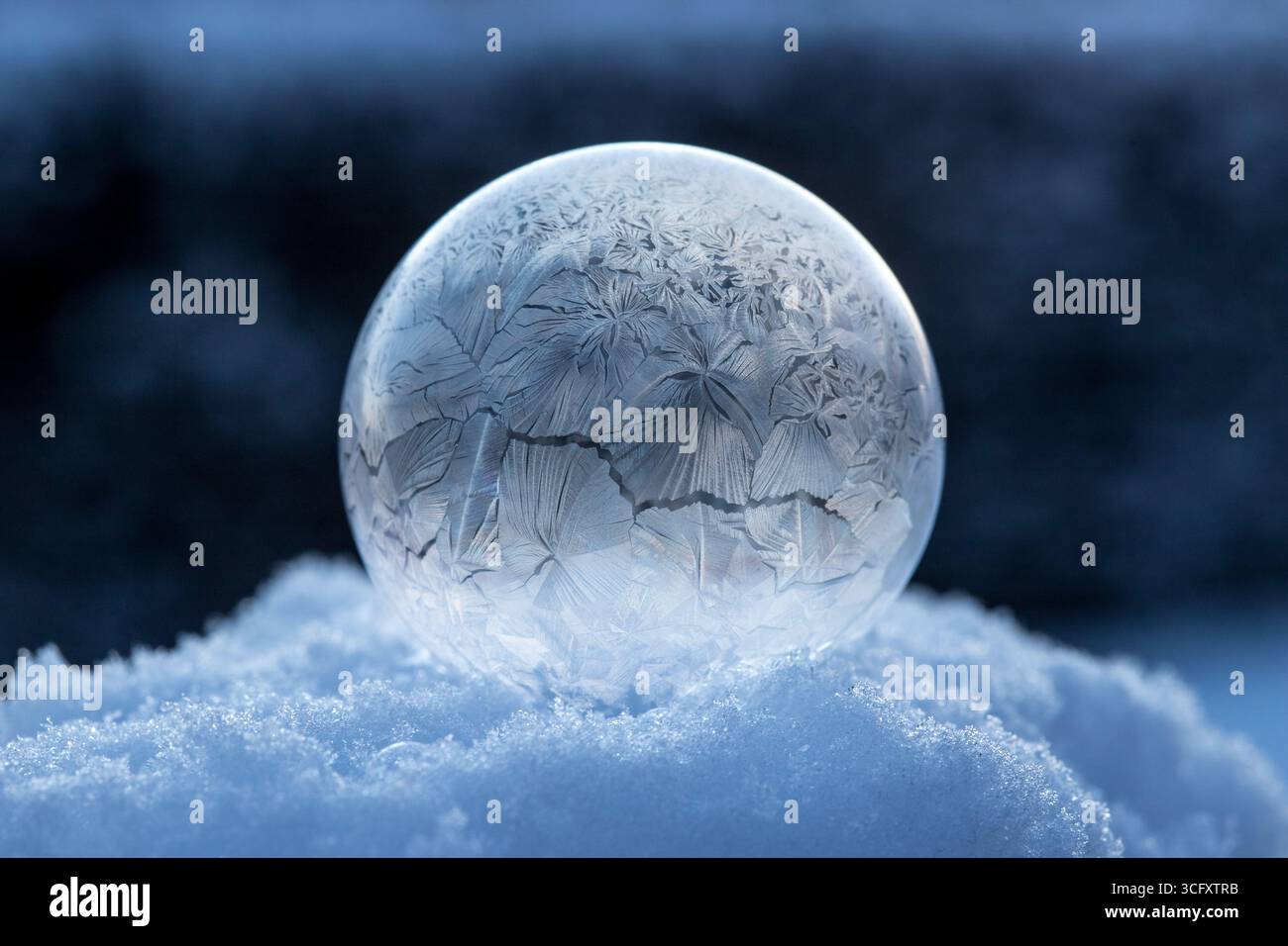 Bolla di sapone congelato sulla neve, magia invernale della bolla di sapone congelato con splendidi cristalli di ghiaccio in una sfera perfetta sulla neve con sfondo sfocato Foto Stock